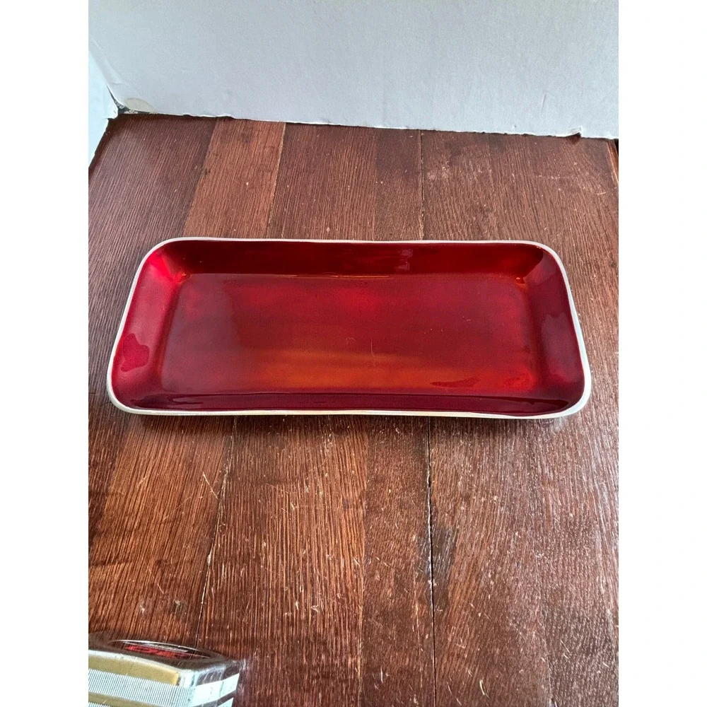 Red Enamel Metal Serving Tray Rectangular Silver Trim Holiday Decor‎ 14.5 Inch